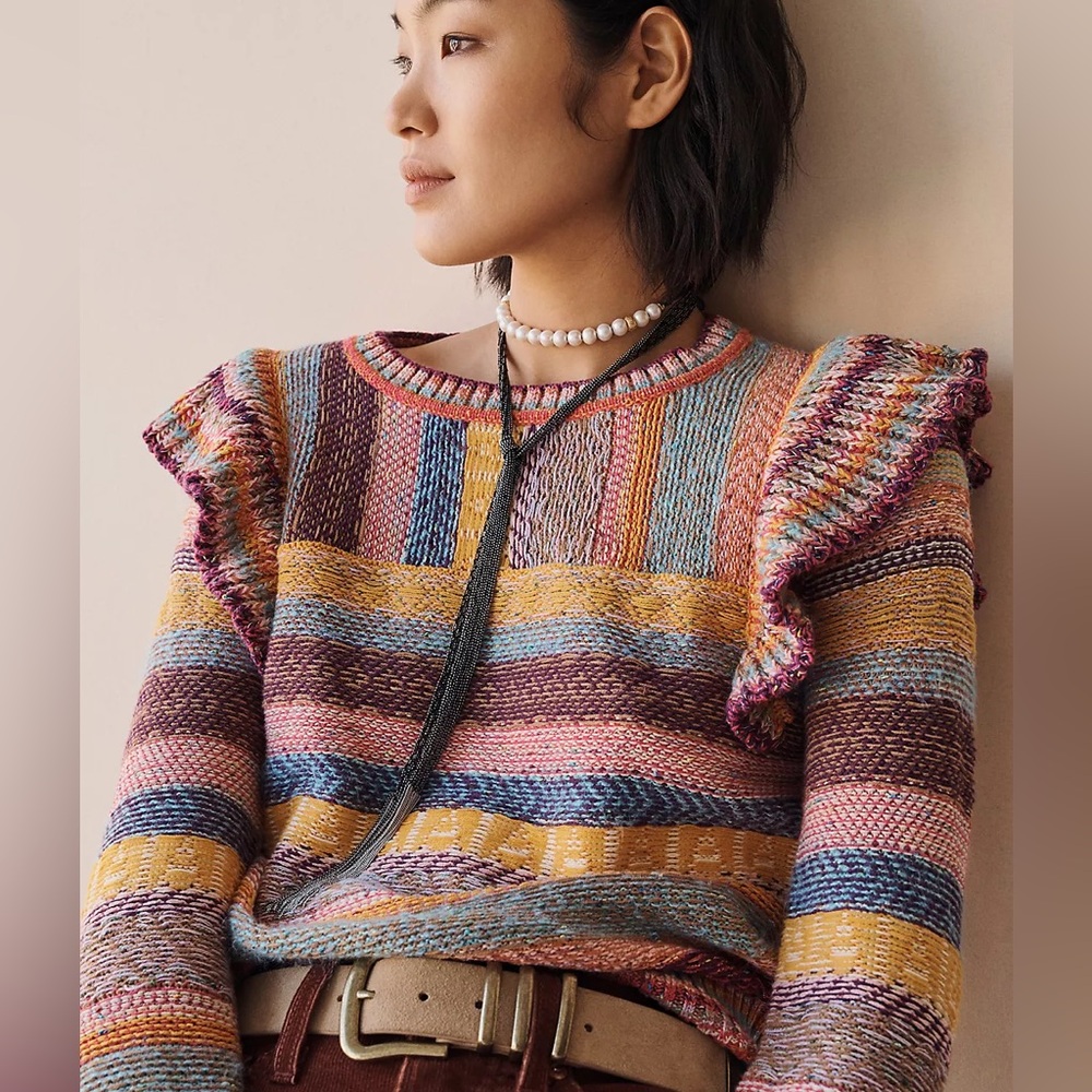 Anthropologie Pilcro Western Multicolored Ruffled Knit Sweater